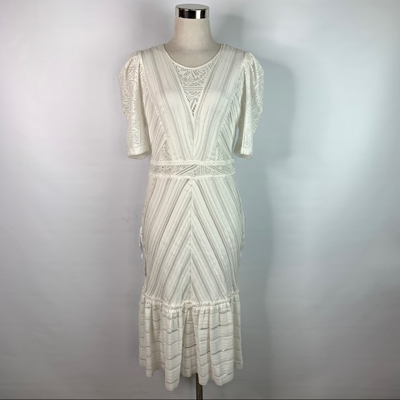 BCBGMaxAzria Ivory Midi Lace Trim Ruffle Hem Dress - Picture 2 of 9